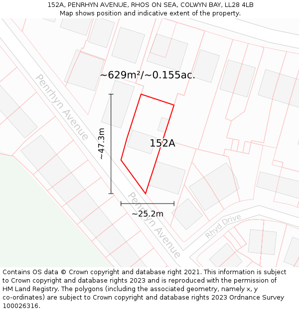 152A, PENRHYN AVENUE, RHOS ON SEA, COLWYN BAY, LL28 4LB: Plot and title map