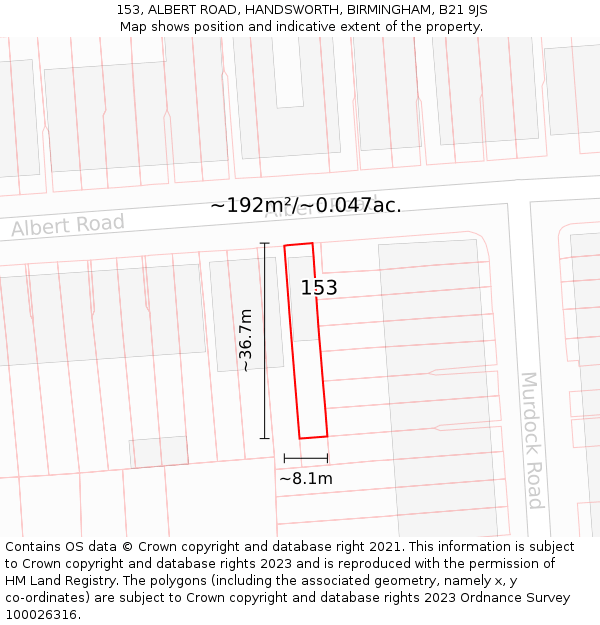 153, ALBERT ROAD, HANDSWORTH, BIRMINGHAM, B21 9JS: Plot and title map