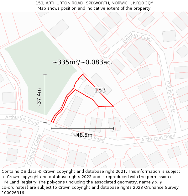 153, ARTHURTON ROAD, SPIXWORTH, NORWICH, NR10 3QY: Plot and title map