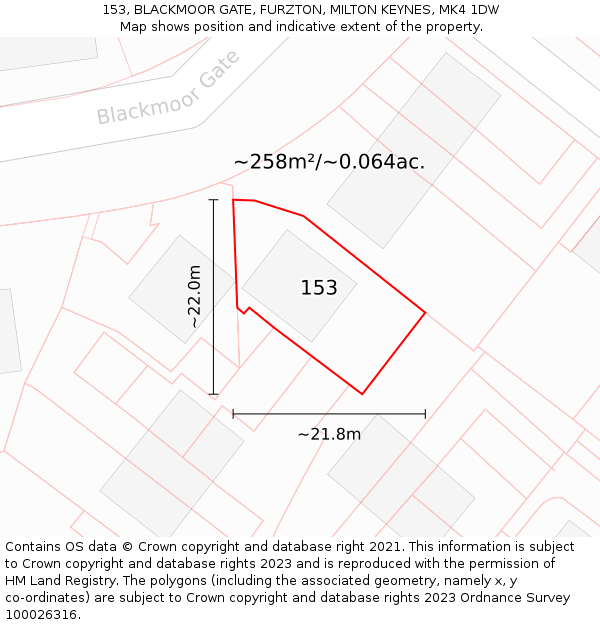 153, BLACKMOOR GATE, FURZTON, MILTON KEYNES, MK4 1DW: Plot and title map