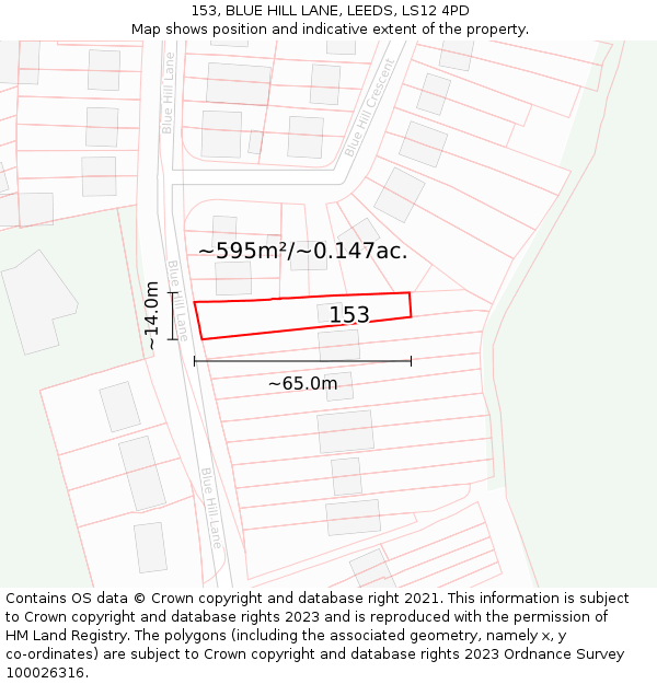 153, BLUE HILL LANE, LEEDS, LS12 4PD: Plot and title map