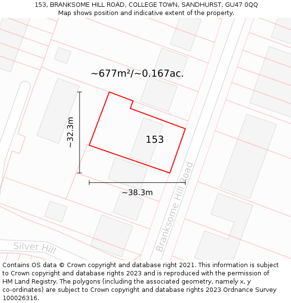 153, BRANKSOME HILL ROAD, COLLEGE TOWN, SANDHURST, GU47 0QQ: Plot and title map