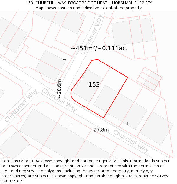 153, CHURCHILL WAY, BROADBRIDGE HEATH, HORSHAM, RH12 3TY: Plot and title map