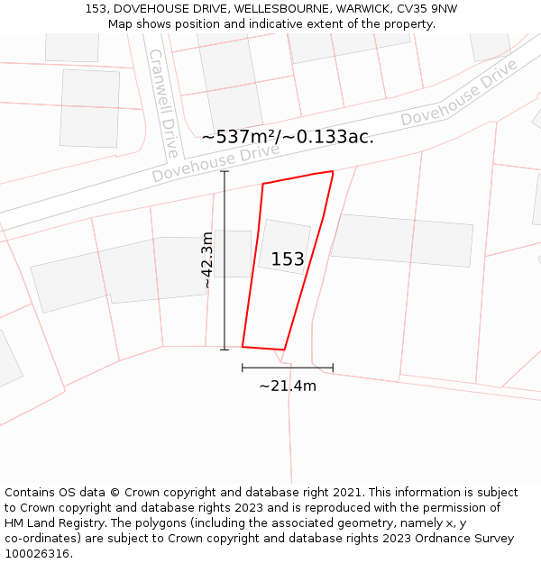 153, DOVEHOUSE DRIVE, WELLESBOURNE, WARWICK, CV35 9NW: Plot and title map