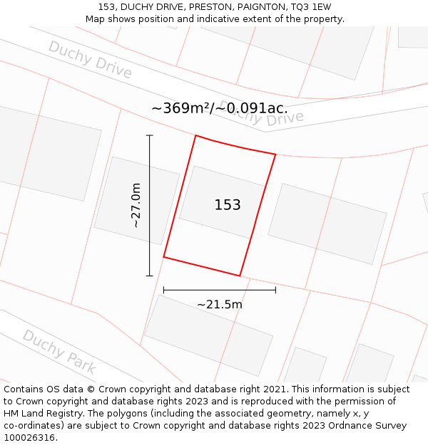 153, DUCHY DRIVE, PRESTON, PAIGNTON, TQ3 1EW: Plot and title map
