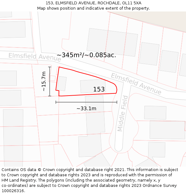 153, ELMSFIELD AVENUE, ROCHDALE, OL11 5XA: Plot and title map