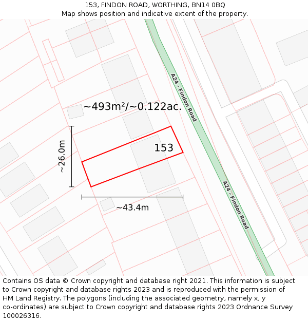 153, FINDON ROAD, WORTHING, BN14 0BQ: Plot and title map