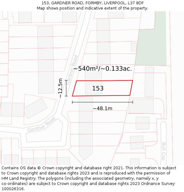 153, GARDNER ROAD, FORMBY, LIVERPOOL, L37 8DF: Plot and title map