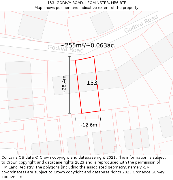153, GODIVA ROAD, LEOMINSTER, HR6 8TB: Plot and title map