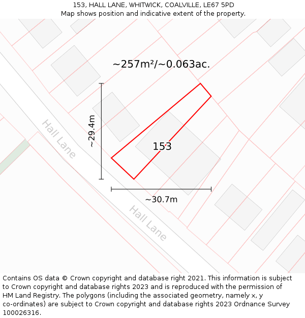 153, HALL LANE, WHITWICK, COALVILLE, LE67 5PD: Plot and title map