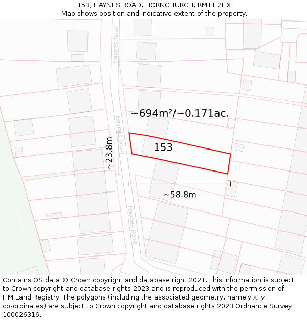 153, HAYNES ROAD, HORNCHURCH, RM11 2HX: Plot and title map