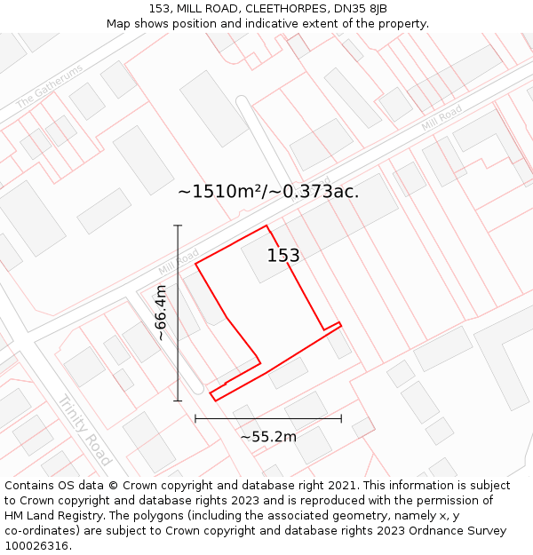 153, MILL ROAD, CLEETHORPES, DN35 8JB: Plot and title map