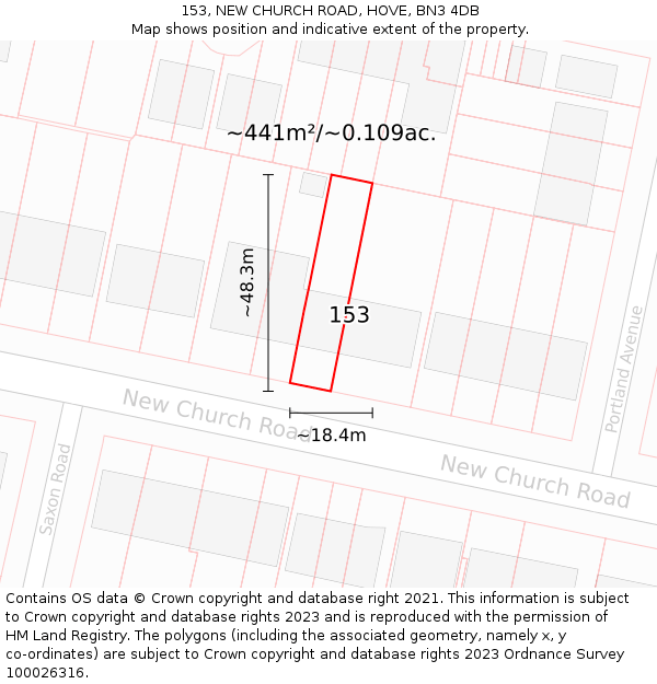 153, NEW CHURCH ROAD, HOVE, BN3 4DB: Plot and title map