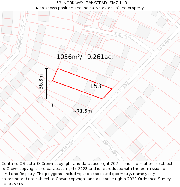 153, NORK WAY, BANSTEAD, SM7 1HR: Plot and title map