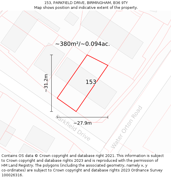 153, PARKFIELD DRIVE, BIRMINGHAM, B36 9TY: Plot and title map