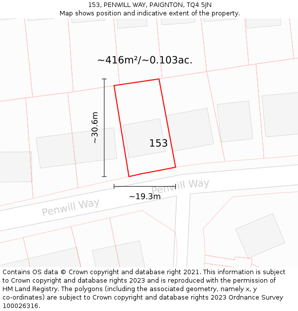 153, PENWILL WAY, PAIGNTON, TQ4 5JN: Plot and title map