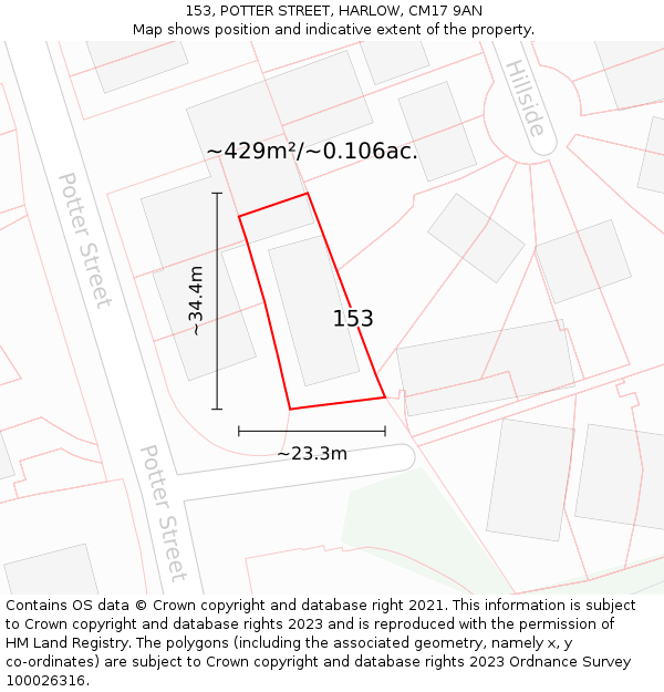 153, POTTER STREET, HARLOW, CM17 9AN: Plot and title map