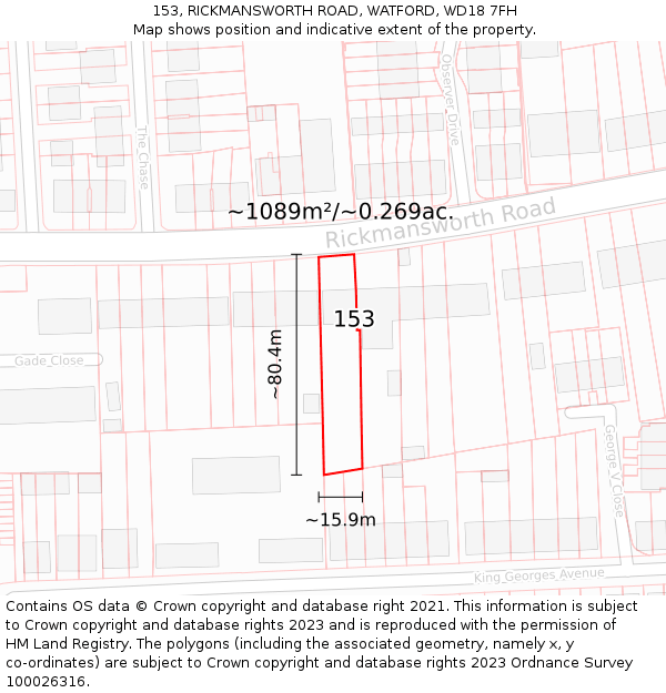153, RICKMANSWORTH ROAD, WATFORD, WD18 7FH: Plot and title map