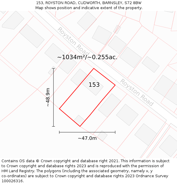 153, ROYSTON ROAD, CUDWORTH, BARNSLEY, S72 8BW: Plot and title map