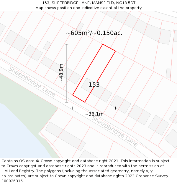 153, SHEEPBRIDGE LANE, MANSFIELD, NG18 5DT: Plot and title map