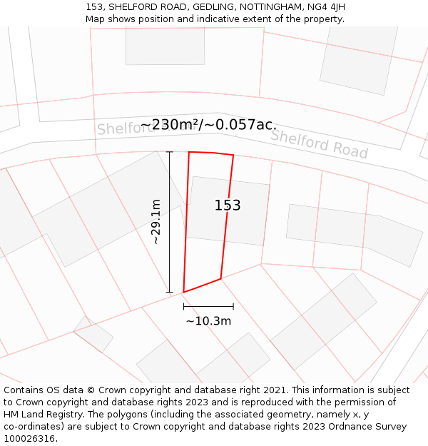 153, SHELFORD ROAD, GEDLING, NOTTINGHAM, NG4 4JH: Plot and title map