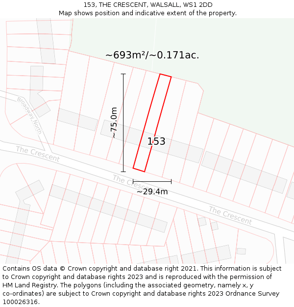 153, THE CRESCENT, WALSALL, WS1 2DD: Plot and title map