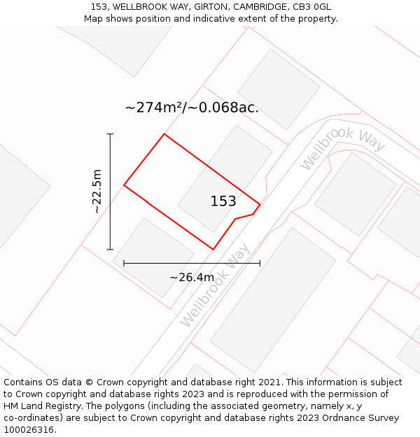 153, WELLBROOK WAY, GIRTON, CAMBRIDGE, CB3 0GL: Plot and title map
