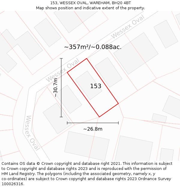 153, WESSEX OVAL, WAREHAM, BH20 4BT: Plot and title map