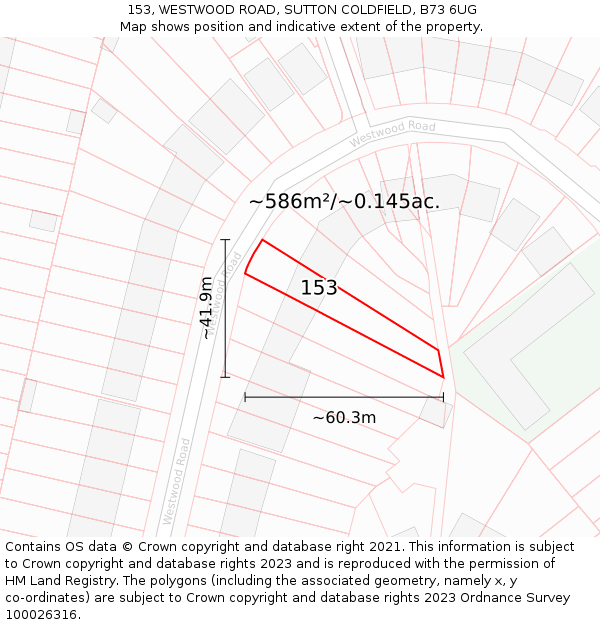 153, WESTWOOD ROAD, SUTTON COLDFIELD, B73 6UG: Plot and title map