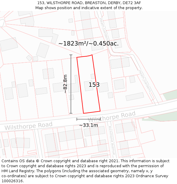 153, WILSTHORPE ROAD, BREASTON, DERBY, DE72 3AF: Plot and title map
