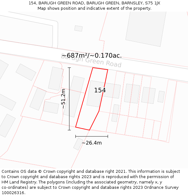 154, BARUGH GREEN ROAD, BARUGH GREEN, BARNSLEY, S75 1JX: Plot and title map