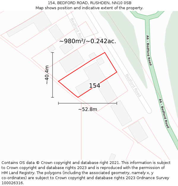 154, BEDFORD ROAD, RUSHDEN, NN10 0SB: Plot and title map