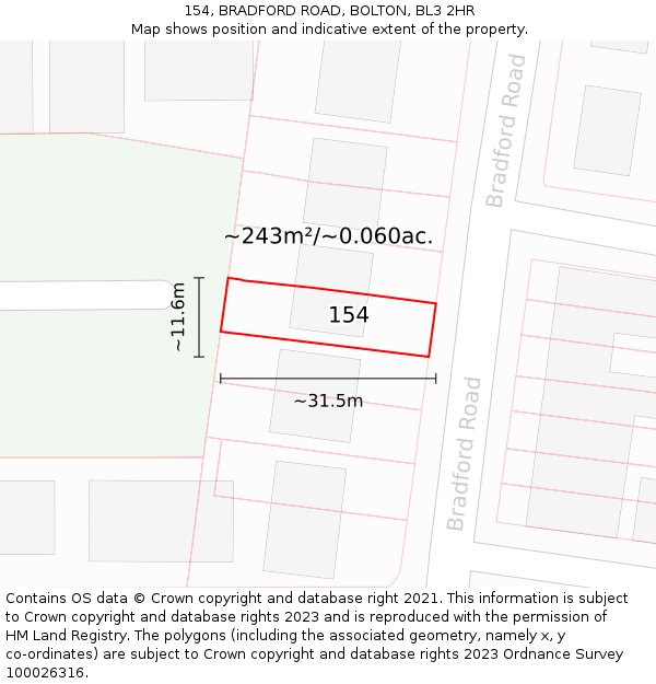 154, BRADFORD ROAD, BOLTON, BL3 2HR: Plot and title map