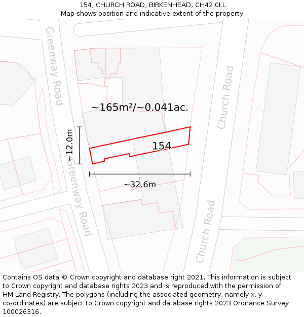 154, CHURCH ROAD, BIRKENHEAD, CH42 0LL: Plot and title map