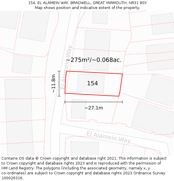 154, EL ALAMEIN WAY, BRADWELL, GREAT YARMOUTH, NR31 8SY: Plot and title map