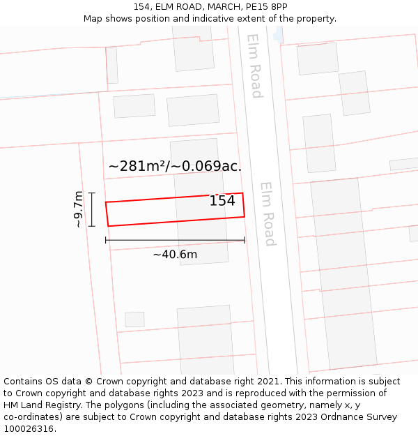 154, ELM ROAD, MARCH, PE15 8PP: Plot and title map