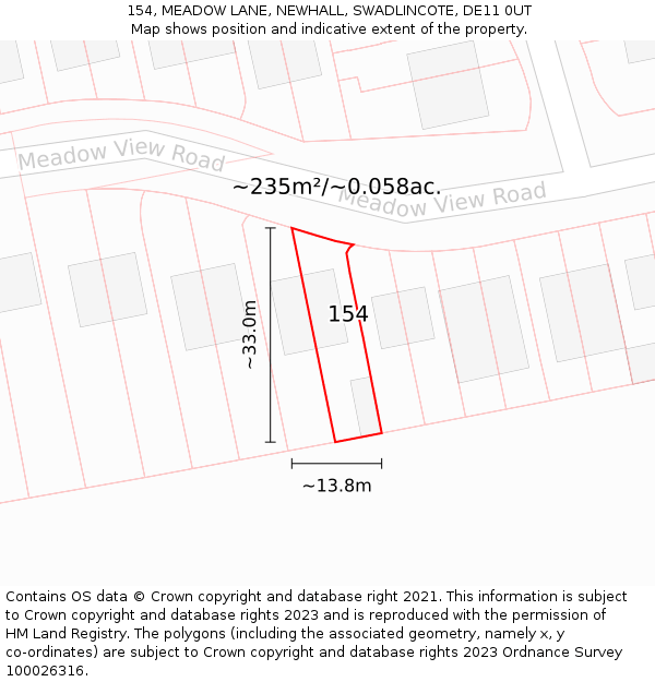 154, MEADOW LANE, NEWHALL, SWADLINCOTE, DE11 0UT: Plot and title map