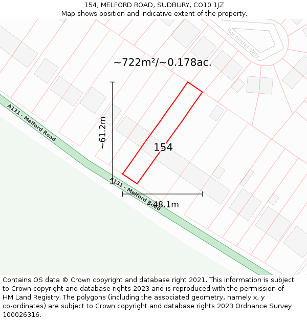 154, MELFORD ROAD, SUDBURY, CO10 1JZ: Plot and title map
