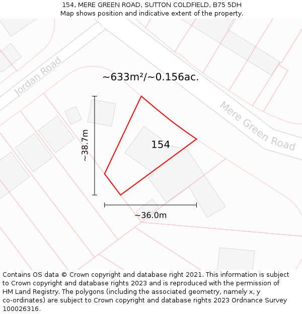 154, MERE GREEN ROAD, SUTTON COLDFIELD, B75 5DH: Plot and title map