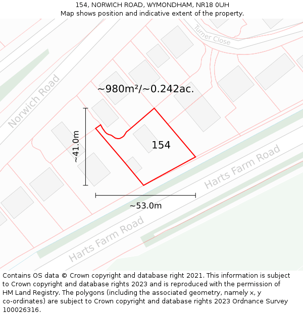 154, NORWICH ROAD, WYMONDHAM, NR18 0UH: Plot and title map