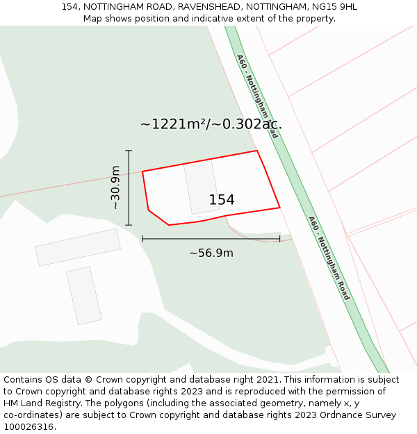 154, NOTTINGHAM ROAD, RAVENSHEAD, NOTTINGHAM, NG15 9HL: Plot and title map