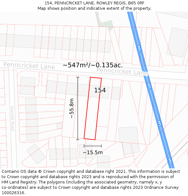 154, PENNCRICKET LANE, ROWLEY REGIS, B65 0RF: Plot and title map