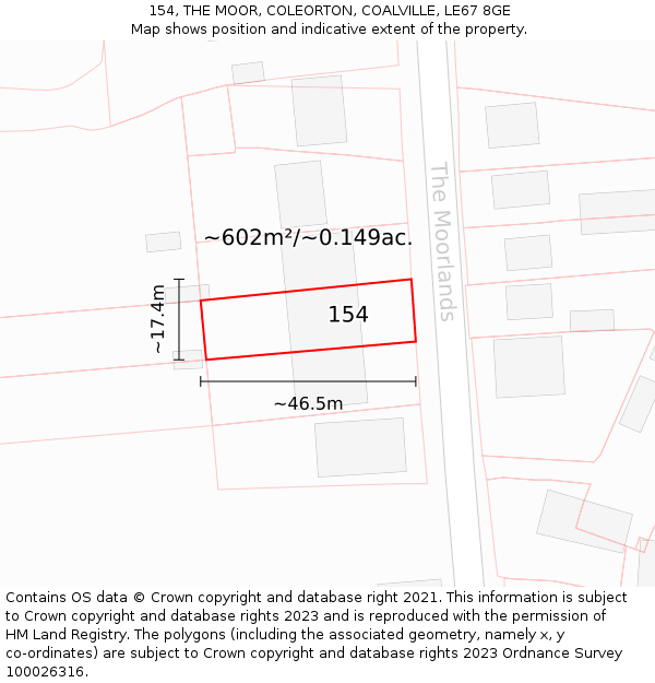 154, THE MOOR, COLEORTON, COALVILLE, LE67 8GE: Plot and title map
