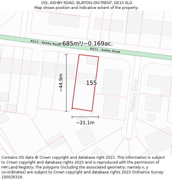 155, ASHBY ROAD, BURTON-ON-TRENT, DE15 0LG: Plot and title map