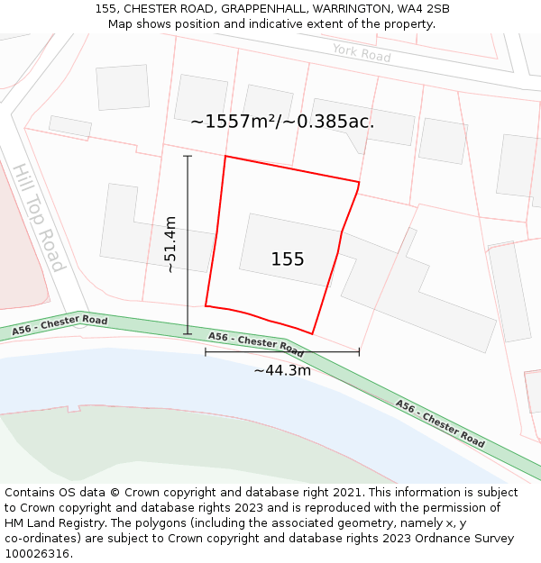 155, CHESTER ROAD, GRAPPENHALL, WARRINGTON, WA4 2SB: Plot and title map