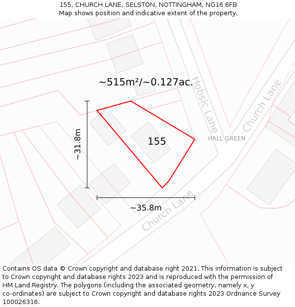 155, CHURCH LANE, SELSTON, NOTTINGHAM, NG16 6FB: Plot and title map