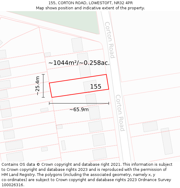 155, CORTON ROAD, LOWESTOFT, NR32 4PR: Plot and title map