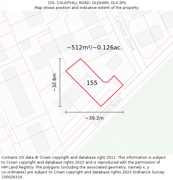155, COUNTHILL ROAD, OLDHAM, OL4 2PX: Plot and title map
