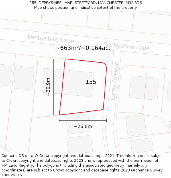 155, DERBYSHIRE LANE, STRETFORD, MANCHESTER, M32 8DS: Plot and title map
