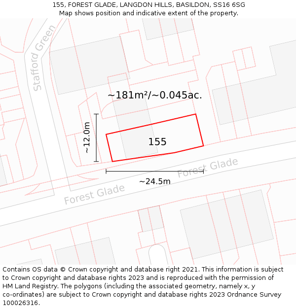 155, FOREST GLADE, LANGDON HILLS, BASILDON, SS16 6SG: Plot and title map
